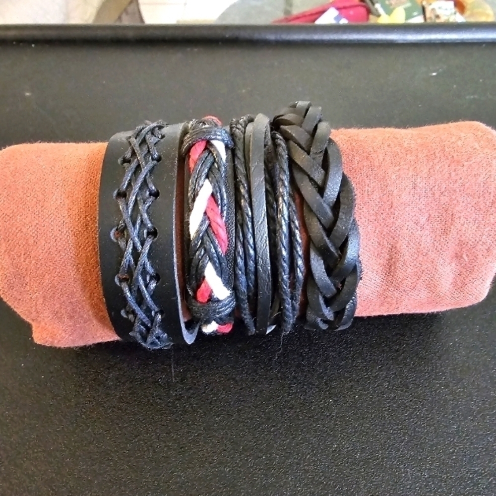 Adjustable Black Leather Wristbands Bracelet Set Unisex